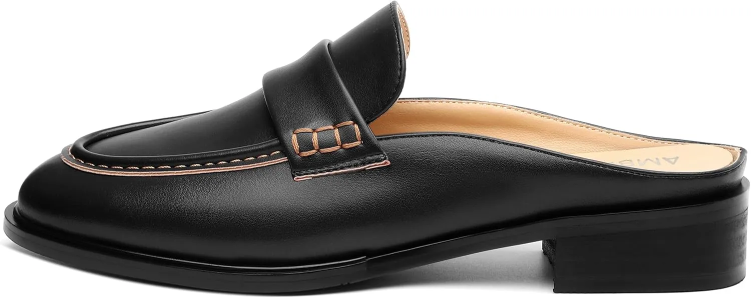 AMBELIGHT Comfortable Mules Flats for Women Loafers Chunky Heel Round Closed Toe Slip on Slingback Casual Classic Dressy Shoes