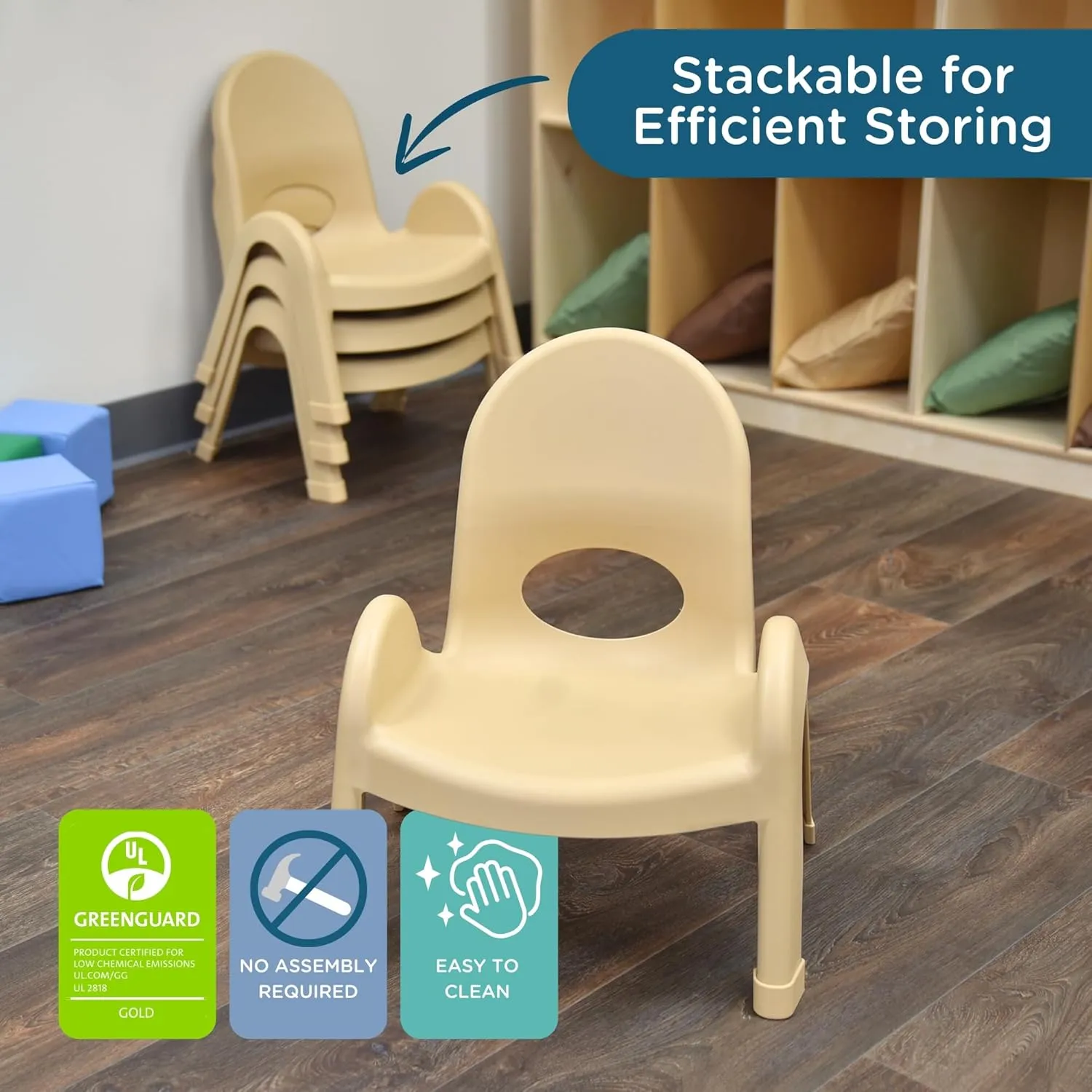 Angeles Value Stack 7" Child Chair, Natural Tan, 4 Pack, Stackable Ergonomic Seating Solution for Classrooms and Homeschools