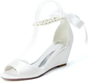 Anna's Bridal Women's Pearl Wedding Shoes for Bride Wedges Low Heel Comfortable Satin Shoes Peep Toe S Strap Formal Prom Party Shoes Sandals