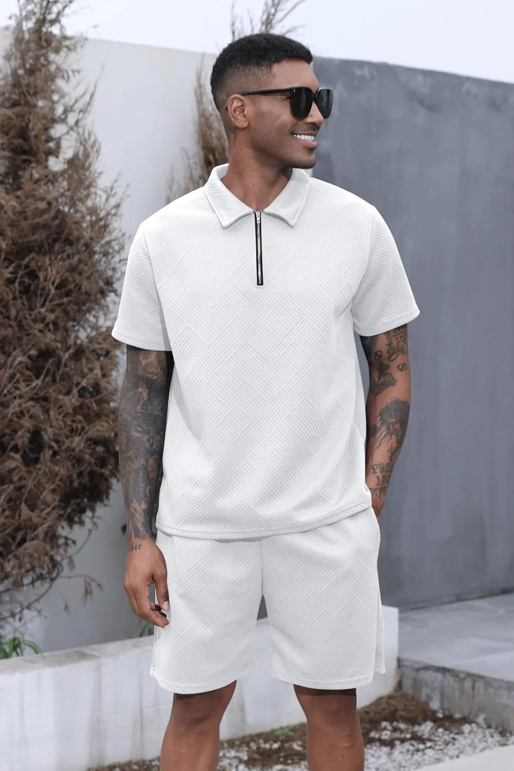Aulemen Mens 2 Piece Zip Tracksuit Short Sleeve Print Polo Shirt and Shorts Sets Summer Outfits for Men