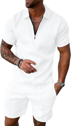Aulemen Mens 2 Piece Zip Tracksuit Short Sleeve Print Polo Shirt and Shorts Sets Summer Outfits for Men