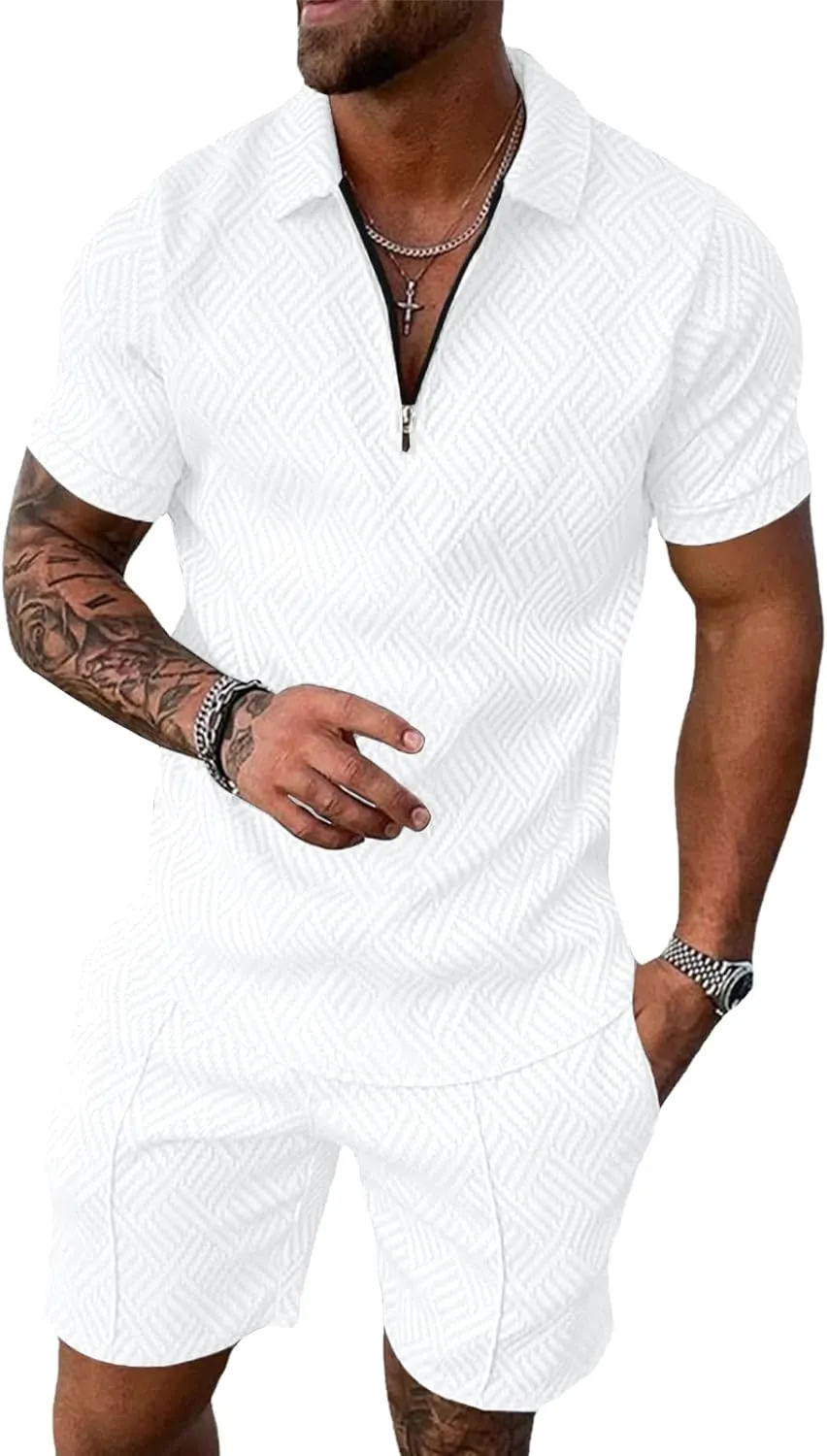 Aulemen Mens 2 Piece Zip Tracksuit Short Sleeve Print Polo Shirt and Shorts Sets Summer Outfits for Men