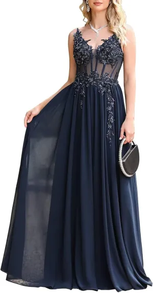 BABYONLINE D.R.E.S.S. Women's Bridesmaid Dresses Handmade Appliques V Neck Elegant Chiffon Wedding Guest Dresses 3038
