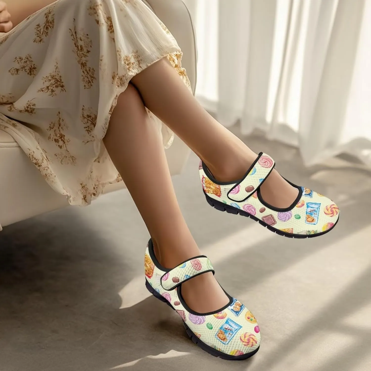 chaqlin Mary Jane Shoes Women Flats Food Print Tennis Mesh Shoe Non Slip Breathable Sneaker Wide Round Toe Comfy Walking Sneakers