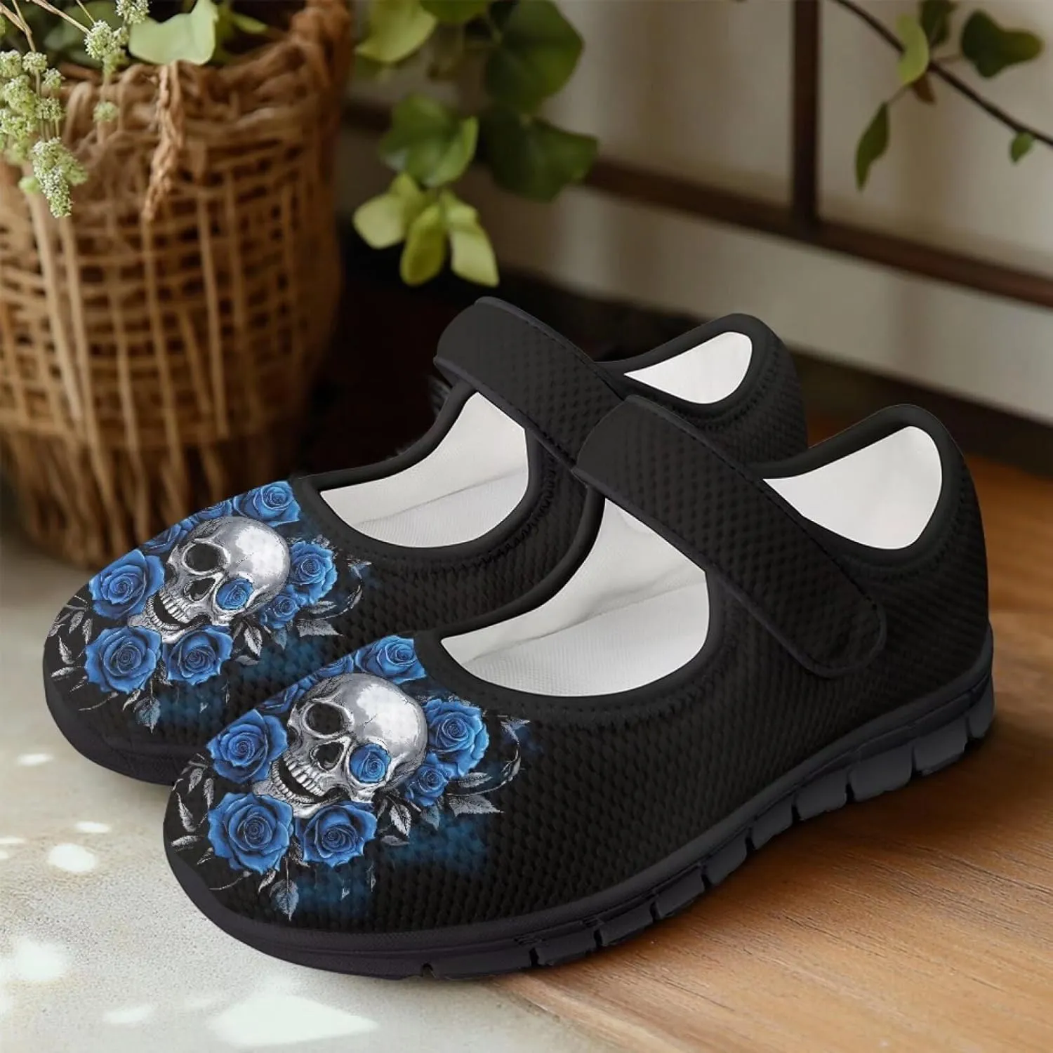 chaqlin Skull Tennis Shoes Mesh Mary Jane Flats for Women Comfortable Work Office Slip On Dress Shoe Lightweight Walking Sneaker
