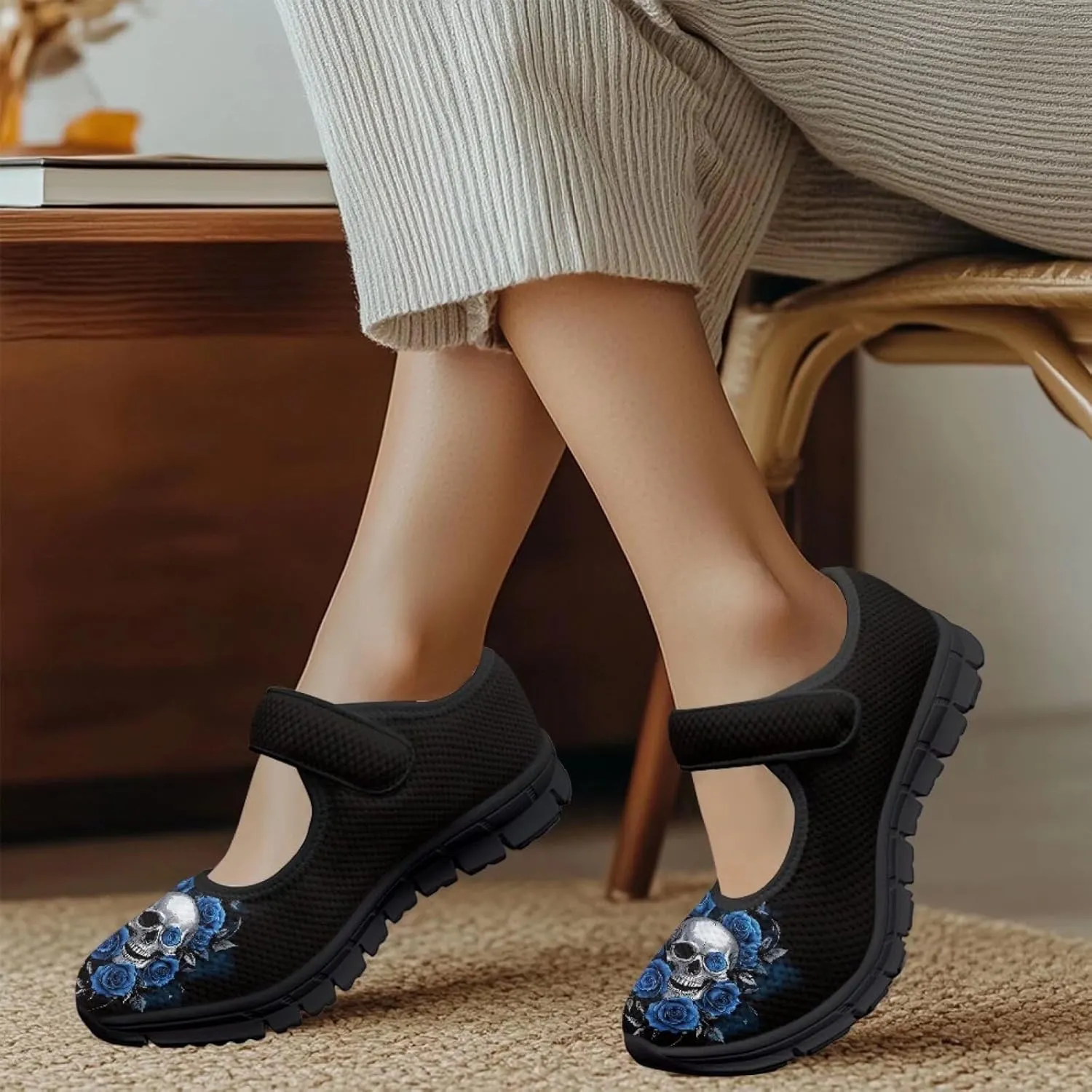 chaqlin Skull Tennis Shoes Mesh Mary Jane Flats for Women Comfortable Work Office Slip On Dress Shoe Lightweight Walking Sneaker