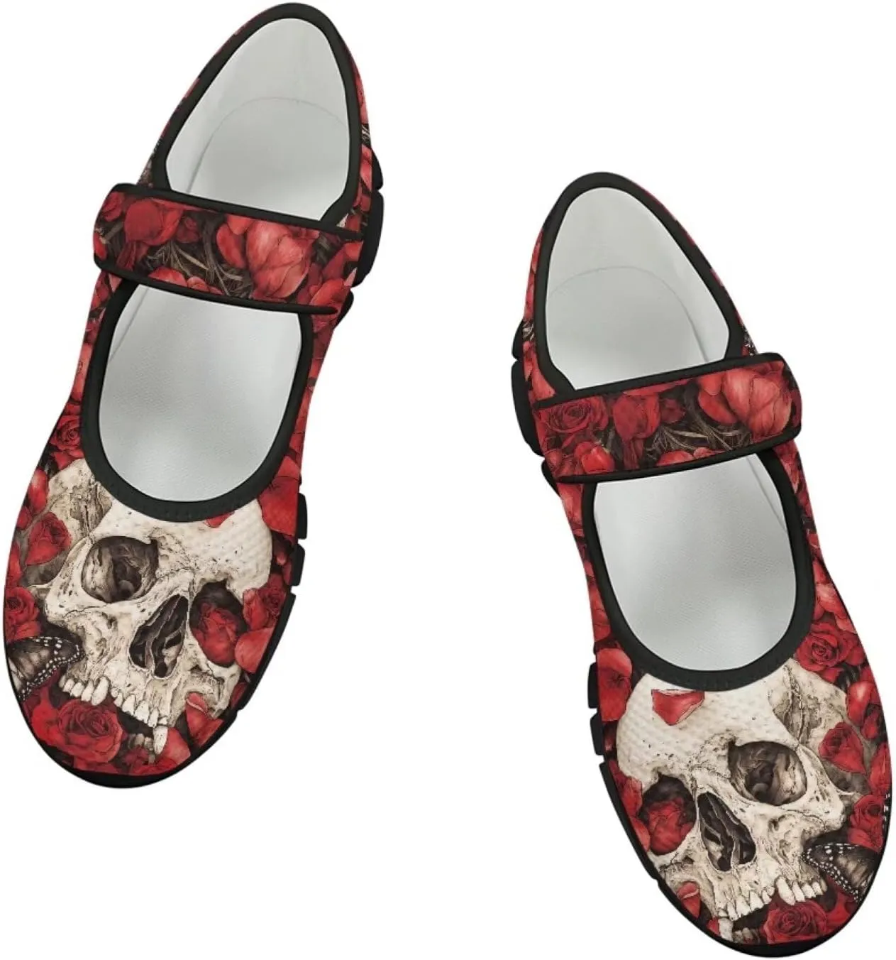 chaqlin Skull Tennis Shoes Mesh Mary Jane Flats for Women Comfortable Work Office Slip On Dress Shoe Lightweight Walking Sneaker