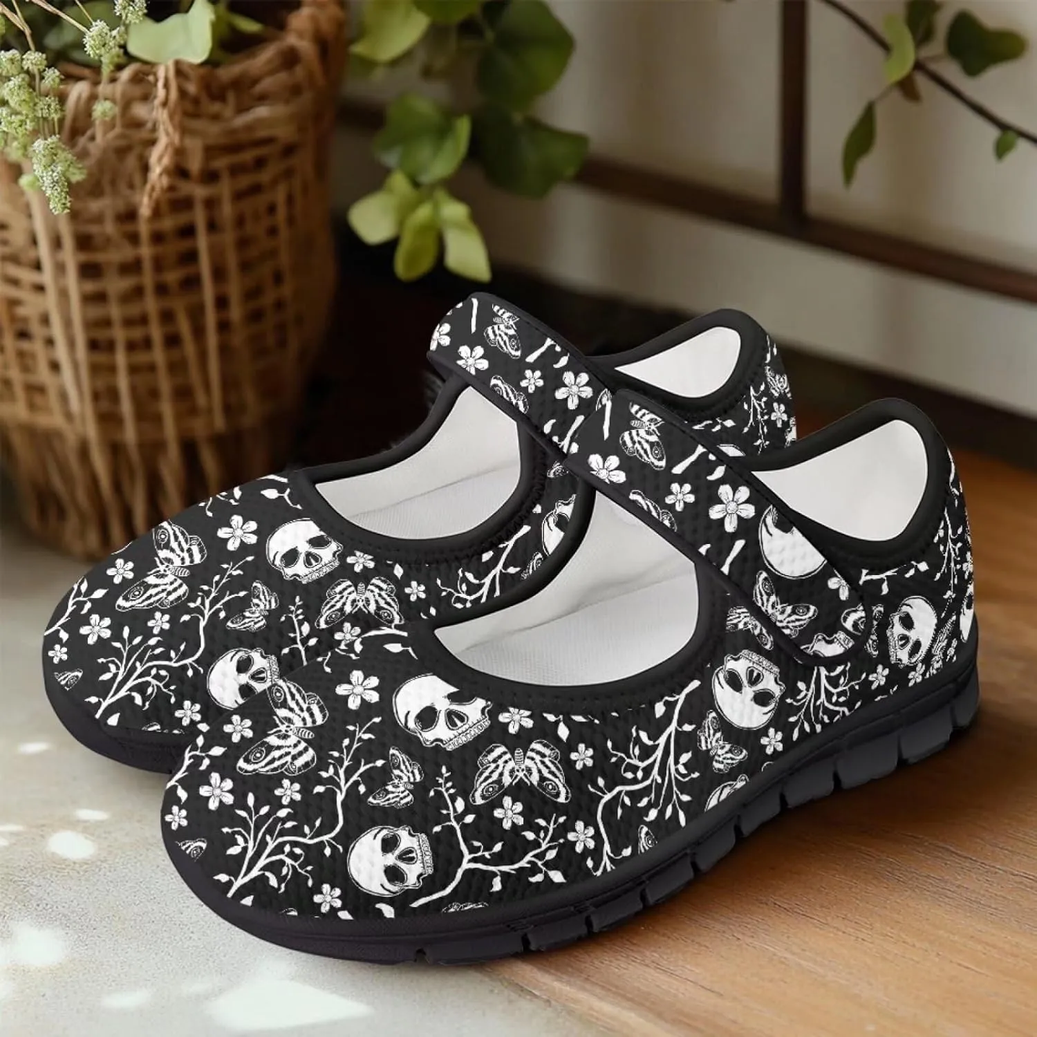 chaqlin Skull Tennis Shoes Mesh Mary Jane Flats for Women Comfortable Work Office Slip On Dress Shoe Lightweight Walking Sneaker