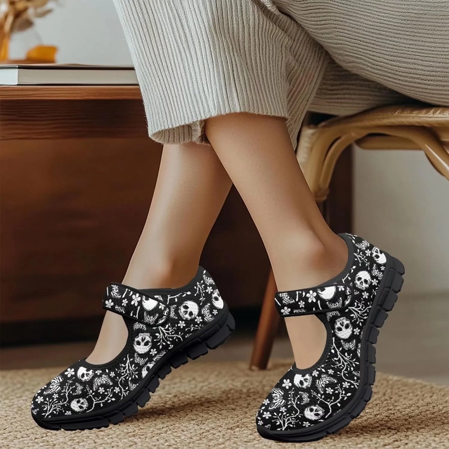 chaqlin Skull Tennis Shoes Mesh Mary Jane Flats for Women Comfortable Work Office Slip On Dress Shoe Lightweight Walking Sneaker