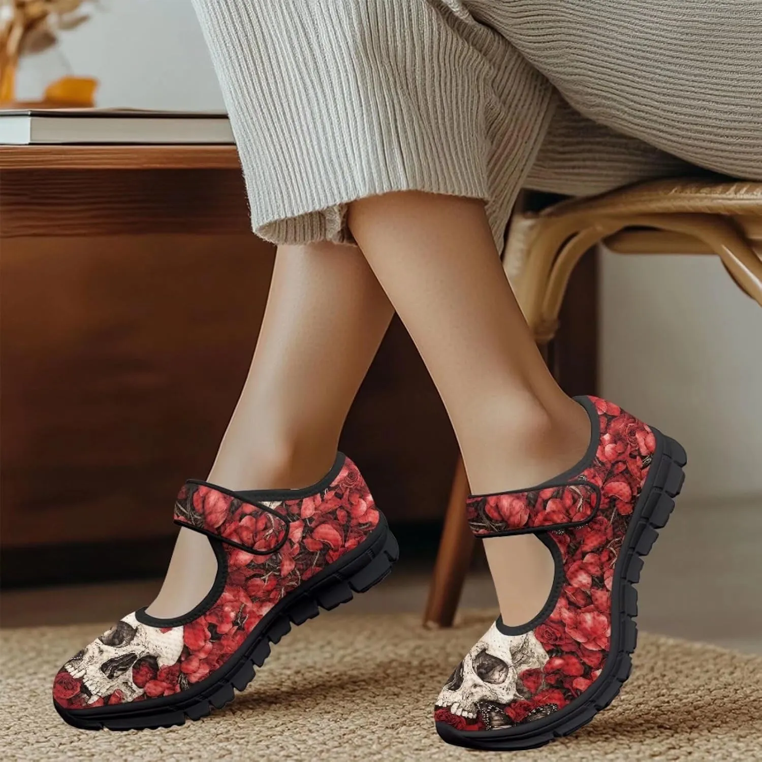 chaqlin Skull Tennis Shoes Mesh Mary Jane Flats for Women Comfortable Work Office Slip On Dress Shoe Lightweight Walking Sneaker