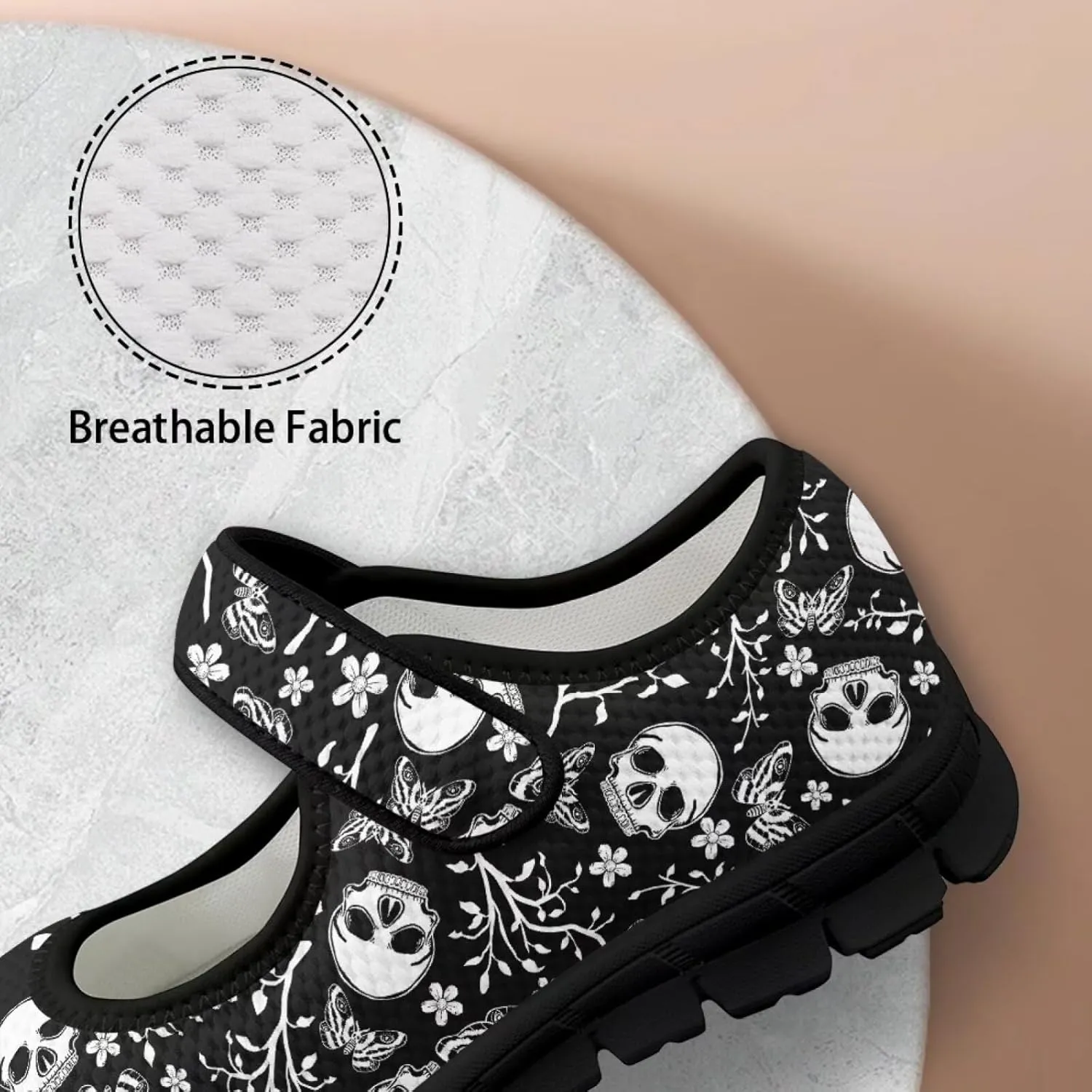 chaqlin Skull Tennis Shoes Mesh Mary Jane Flats for Women Comfortable Work Office Slip On Dress Shoe Lightweight Walking Sneaker
