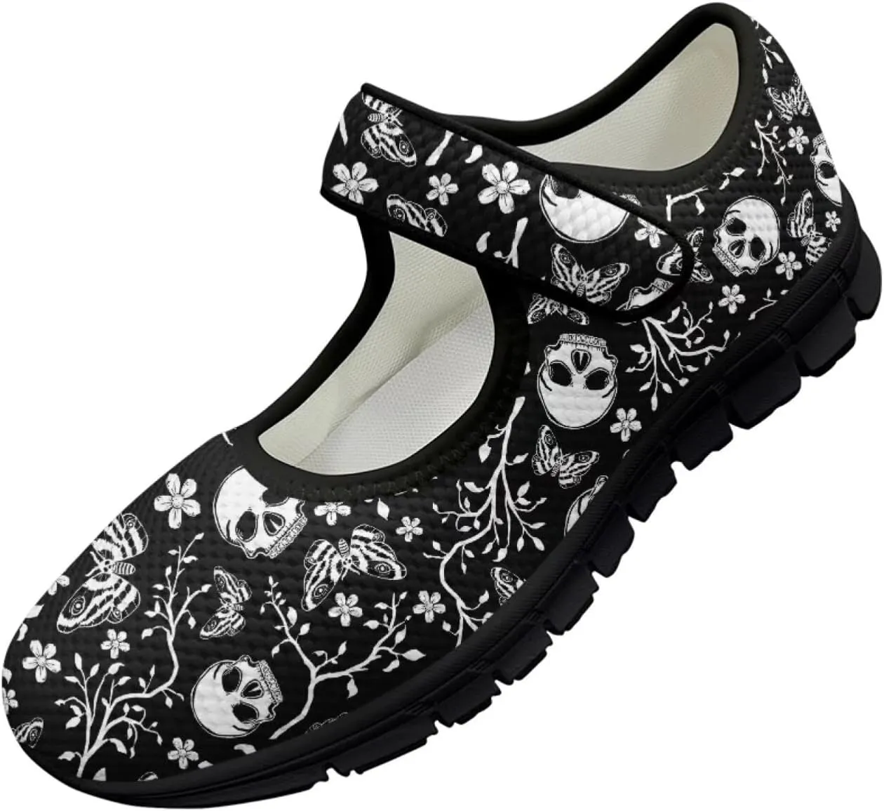 chaqlin Skull Tennis Shoes Mesh Mary Jane Flats for Women Comfortable Work Office Slip On Dress Shoe Lightweight Walking Sneaker