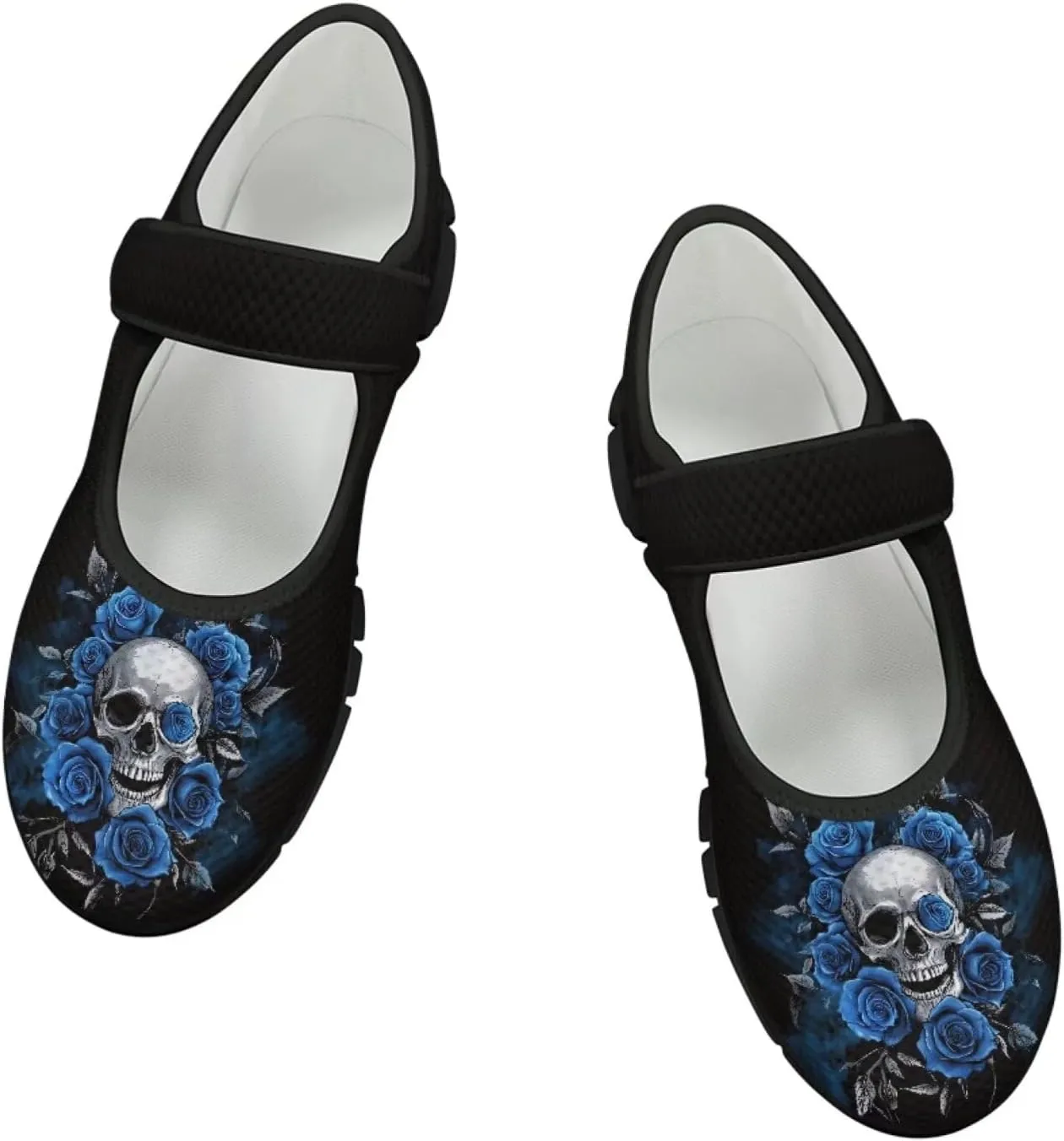 chaqlin Skull Tennis Shoes Mesh Mary Jane Flats for Women Comfortable Work Office Slip On Dress Shoe Lightweight Walking Sneaker