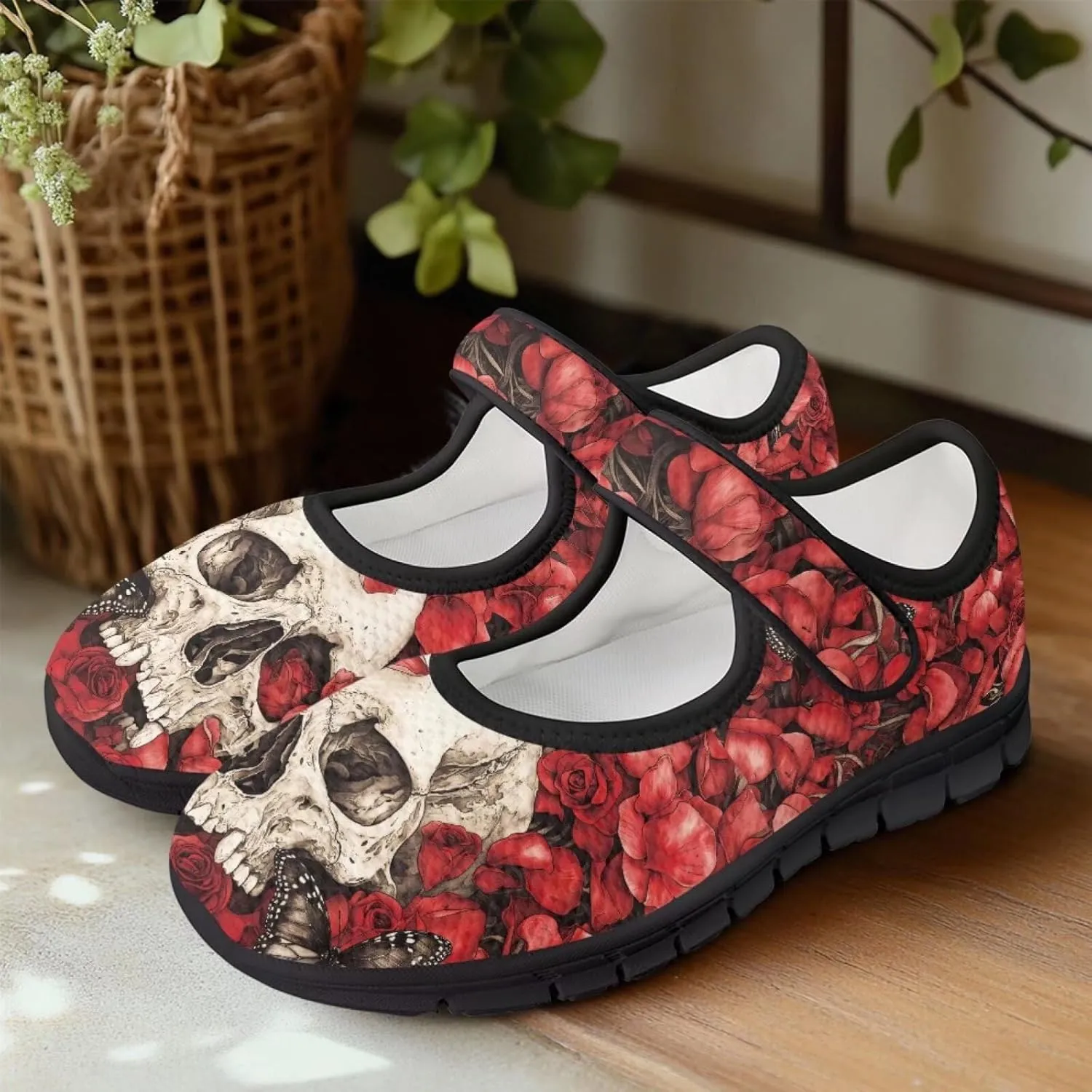 chaqlin Skull Tennis Shoes Mesh Mary Jane Flats for Women Comfortable Work Office Slip On Dress Shoe Lightweight Walking Sneaker