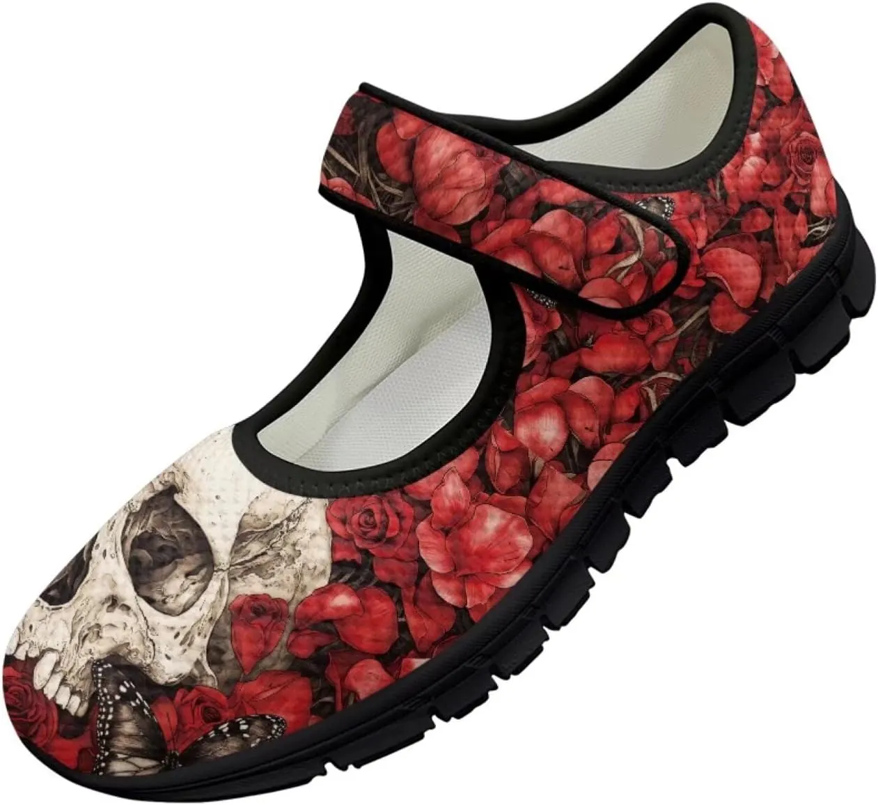 chaqlin Skull Tennis Shoes Mesh Mary Jane Flats for Women Comfortable Work Office Slip On Dress Shoe Lightweight Walking Sneaker