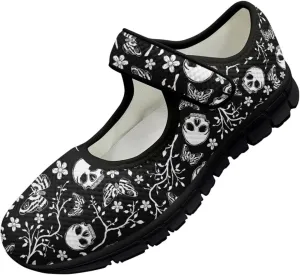 chaqlin Skull Tennis Shoes Mesh Mary Jane Flats for Women Comfortable Work Office Slip On Dress Shoe Lightweight Walking Sneaker