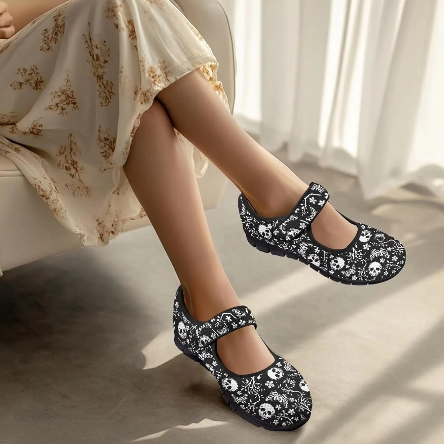 chaqlin Skull Tennis Shoes Mesh Mary Jane Flats for Women Comfortable Work Office Slip On Dress Shoe Lightweight Walking Sneaker