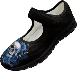 chaqlin Skull Tennis Shoes Mesh Mary Jane Flats for Women Comfortable Work Office Slip On Dress Shoe Lightweight Walking Sneaker