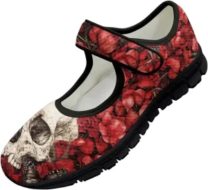 chaqlin Skull Tennis Shoes Mesh Mary Jane Flats for Women Comfortable Work Office Slip On Dress Shoe Lightweight Walking Sneaker