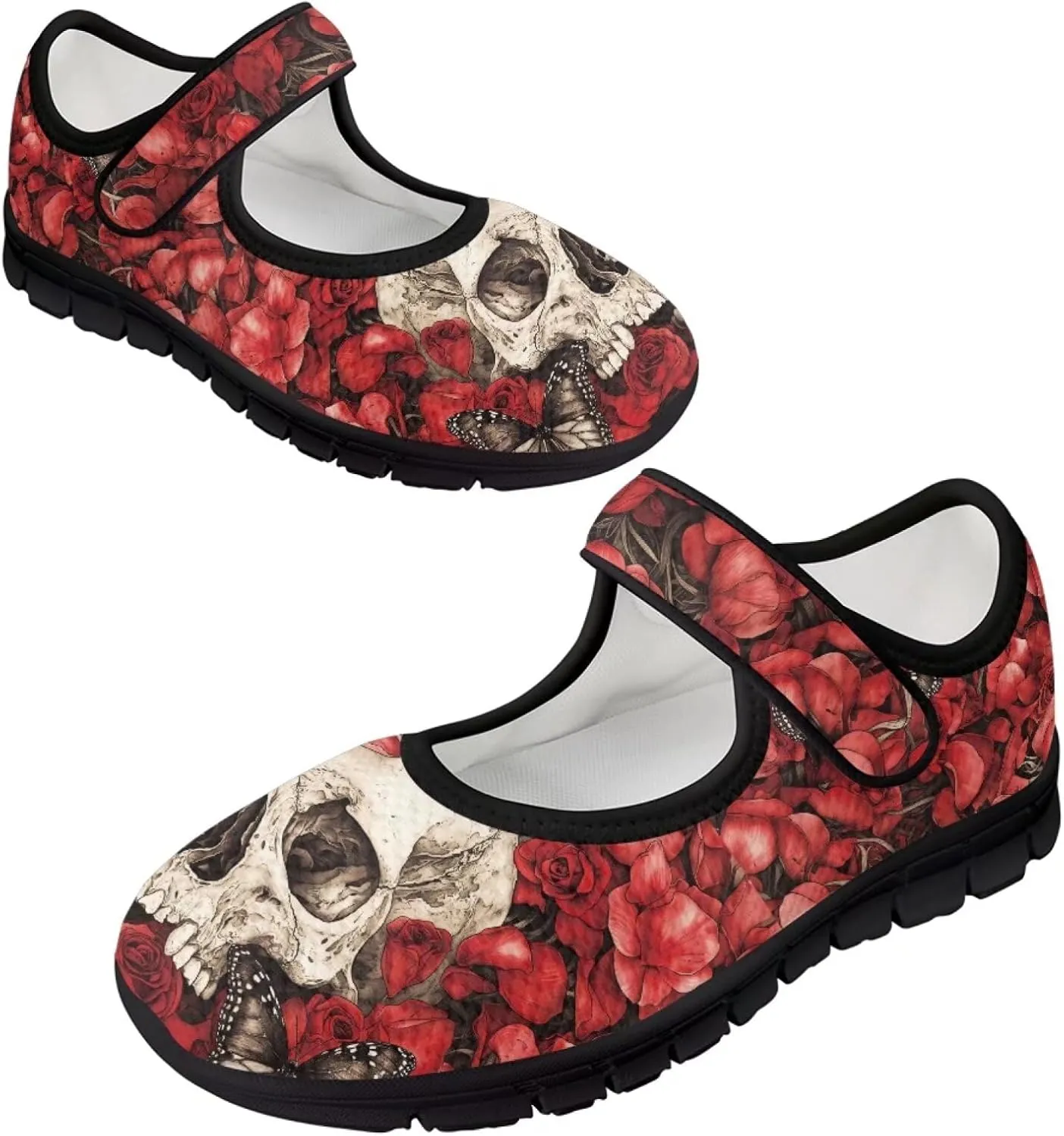 chaqlin Skull Tennis Shoes Mesh Mary Jane Flats for Women Comfortable Work Office Slip On Dress Shoe Lightweight Walking Sneaker