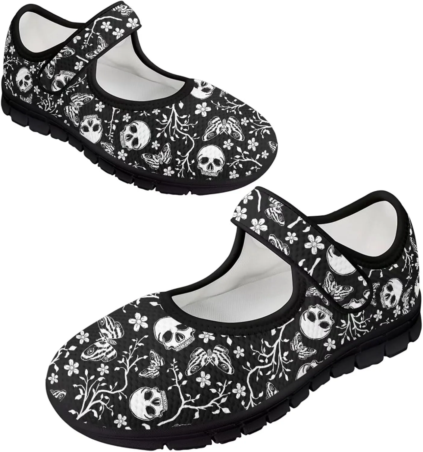 chaqlin Skull Tennis Shoes Mesh Mary Jane Flats for Women Comfortable Work Office Slip On Dress Shoe Lightweight Walking Sneaker