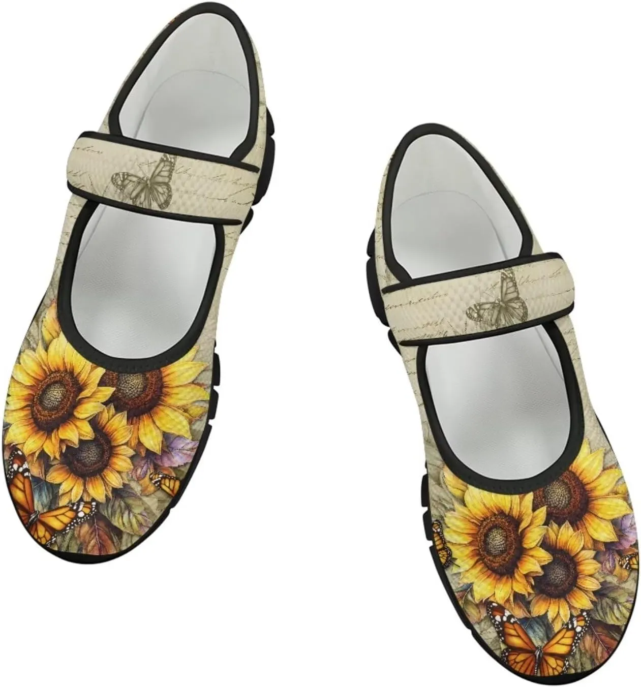 chaqlin Sunflower Mary Jane Ballet Flats Women Slip On Tennis Shoes with Single Buckle Lightweight Casual Walking Work Shoe Travel Comfy Sneaker