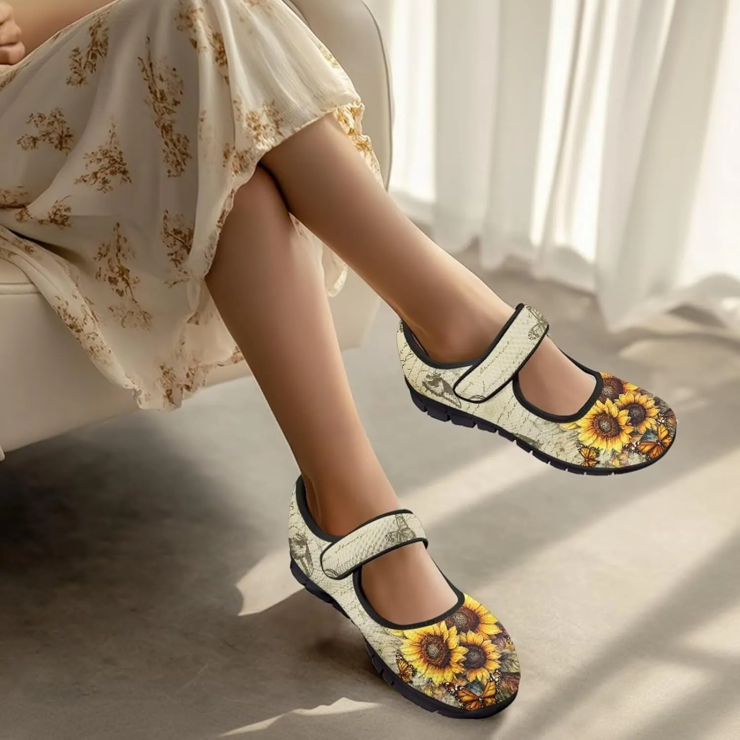 chaqlin Sunflower Mary Jane Ballet Flats Women Slip On Tennis Shoes with Single Buckle Lightweight Casual Walking Work Shoe Travel Comfy Sneaker