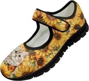 chaqlin Sunflower Mary Jane Ballet Flats Women Slip On Tennis Shoes with Single Buckle Lightweight Casual Walking Work Shoe Travel Comfy Sneaker