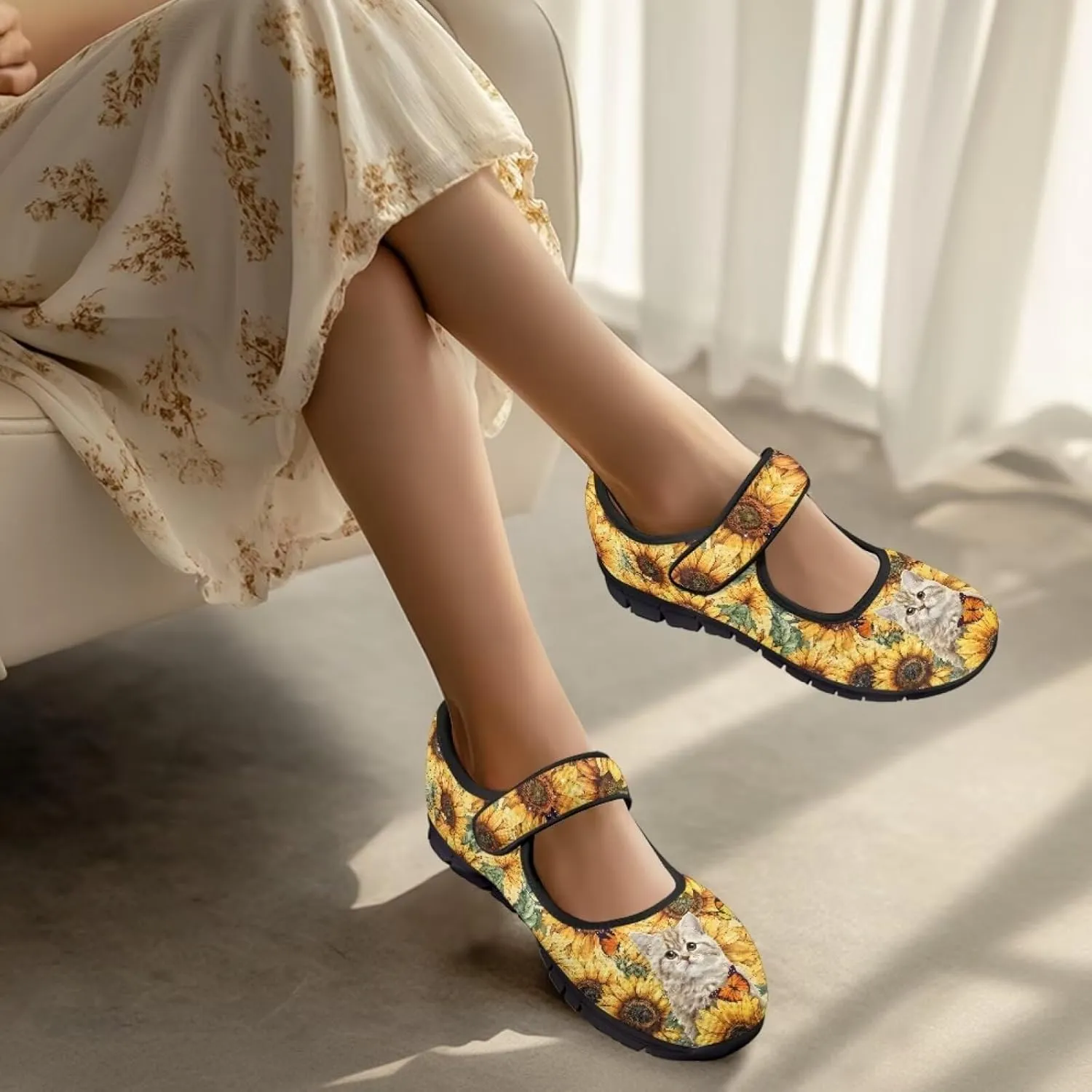 chaqlin Sunflower Mary Jane Ballet Flats Women Slip On Tennis Shoes with Single Buckle Lightweight Casual Walking Work Shoe Travel Comfy Sneaker