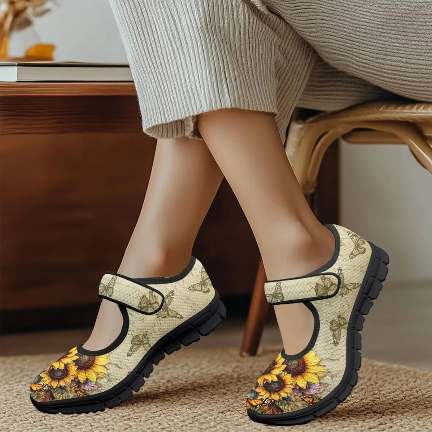chaqlin Sunflower Mary Jane Ballet Flats Women Slip On Tennis Shoes with Single Buckle Lightweight Casual Walking Work Shoe Travel Comfy Sneaker
