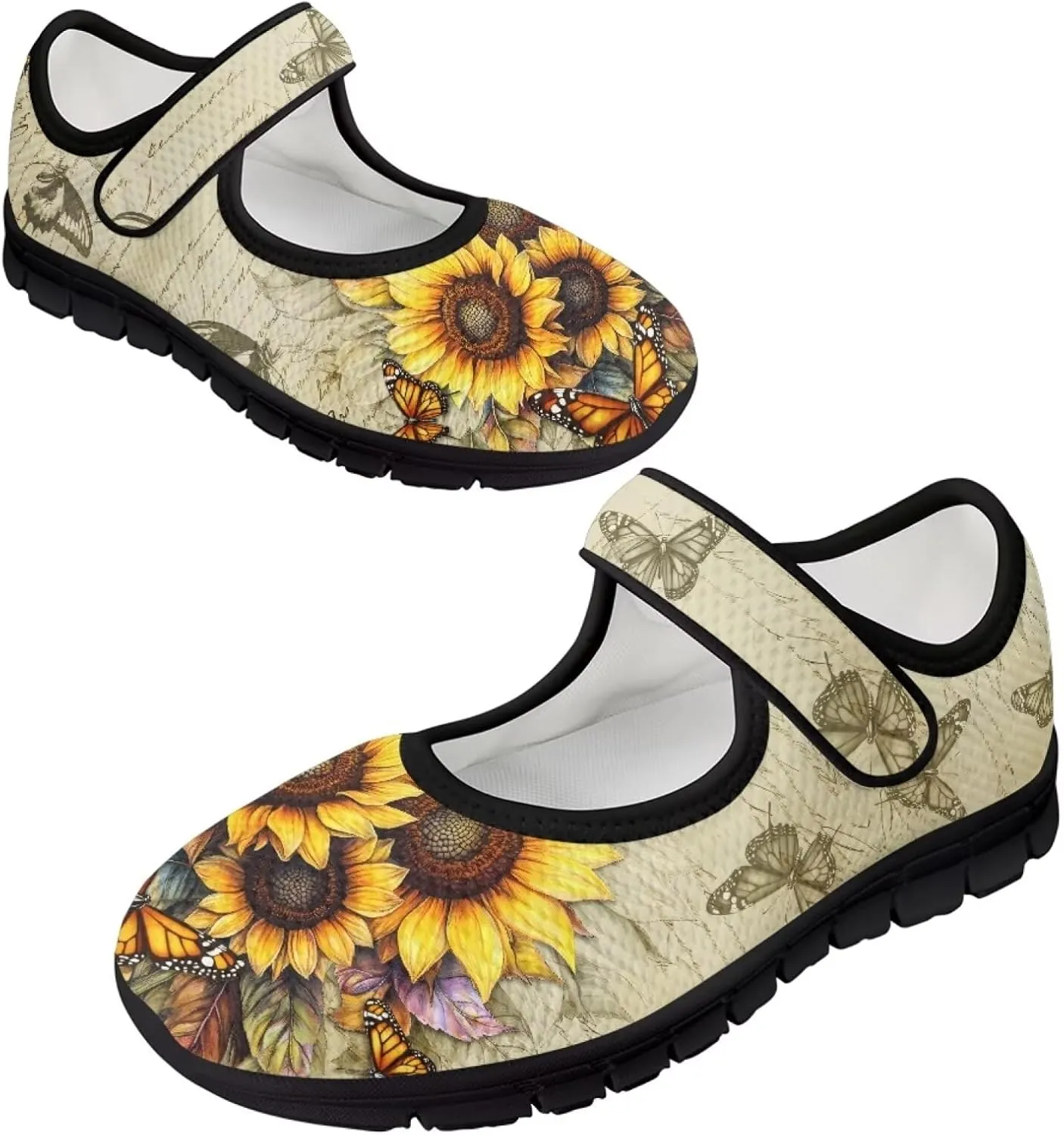 chaqlin Sunflower Mary Jane Ballet Flats Women Slip On Tennis Shoes with Single Buckle Lightweight Casual Walking Work Shoe Travel Comfy Sneaker