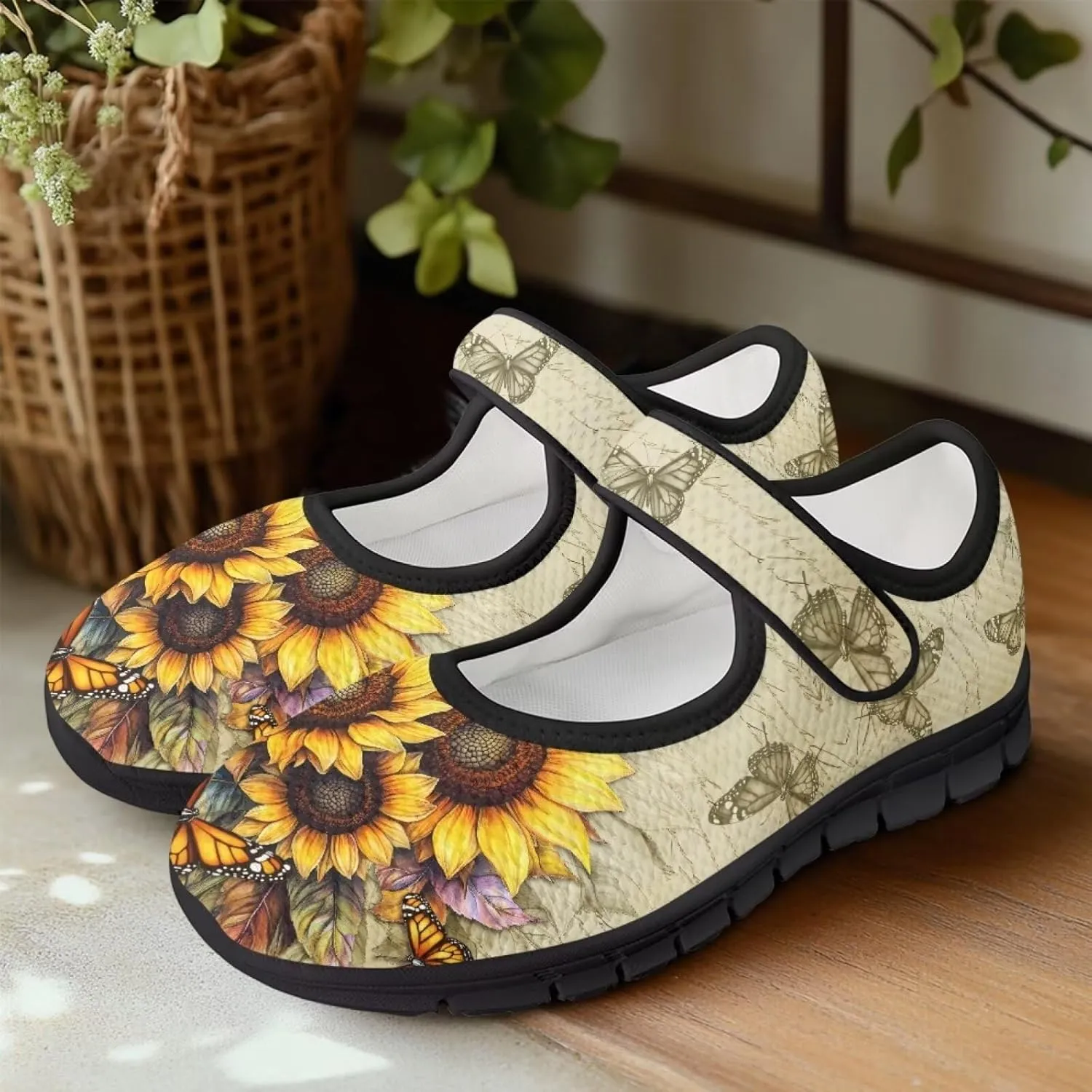 chaqlin Sunflower Mary Jane Ballet Flats Women Slip On Tennis Shoes with Single Buckle Lightweight Casual Walking Work Shoe Travel Comfy Sneaker