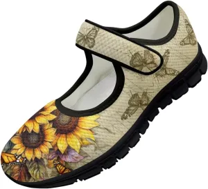 chaqlin Sunflower Mary Jane Ballet Flats Women Slip On Tennis Shoes with Single Buckle Lightweight Casual Walking Work Shoe Travel Comfy Sneaker