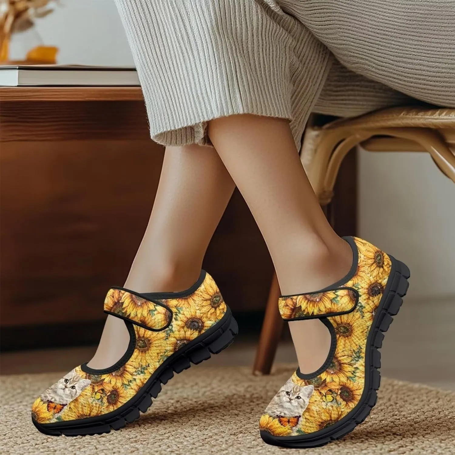 chaqlin Sunflower Mary Jane Ballet Flats Women Slip On Tennis Shoes with Single Buckle Lightweight Casual Walking Work Shoe Travel Comfy Sneaker