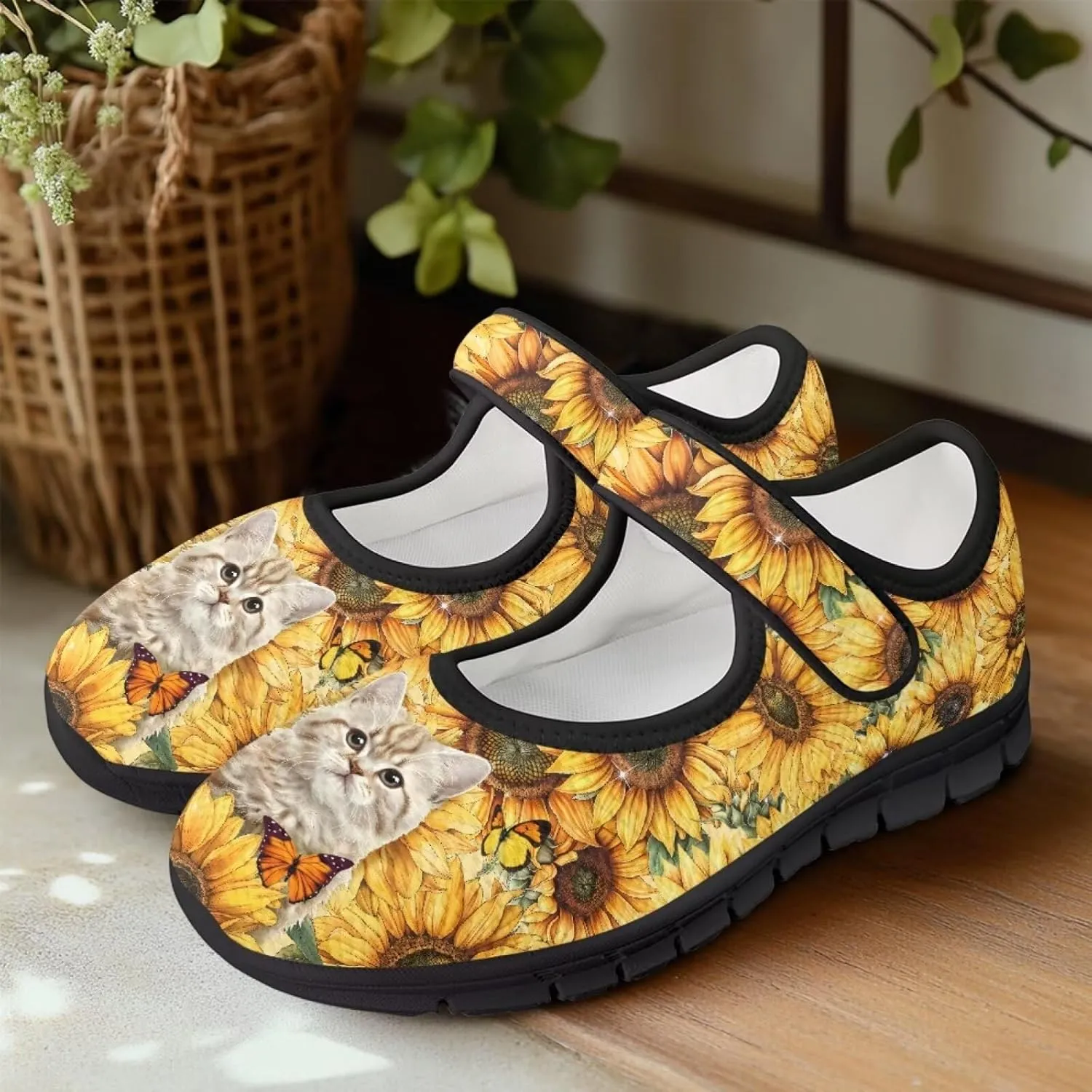 chaqlin Sunflower Mary Jane Ballet Flats Women Slip On Tennis Shoes with Single Buckle Lightweight Casual Walking Work Shoe Travel Comfy Sneaker