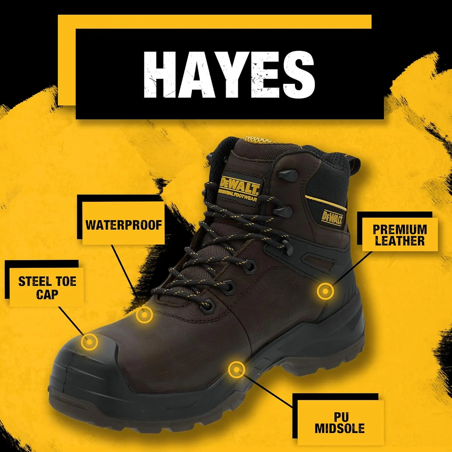 DEWALT Hayes Men's Waterproof, Leather, Steel Toe, Safety Work Boot