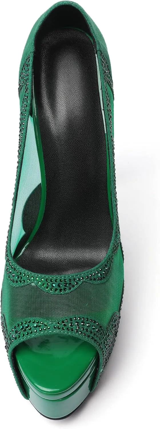 Eldof Women's Peep Toe High Heel Platform Pumps Rhinestones Sequins Lace Flowers Hollow Heels Sexy Retro Stiletto Sandals for Dress Party Wedding