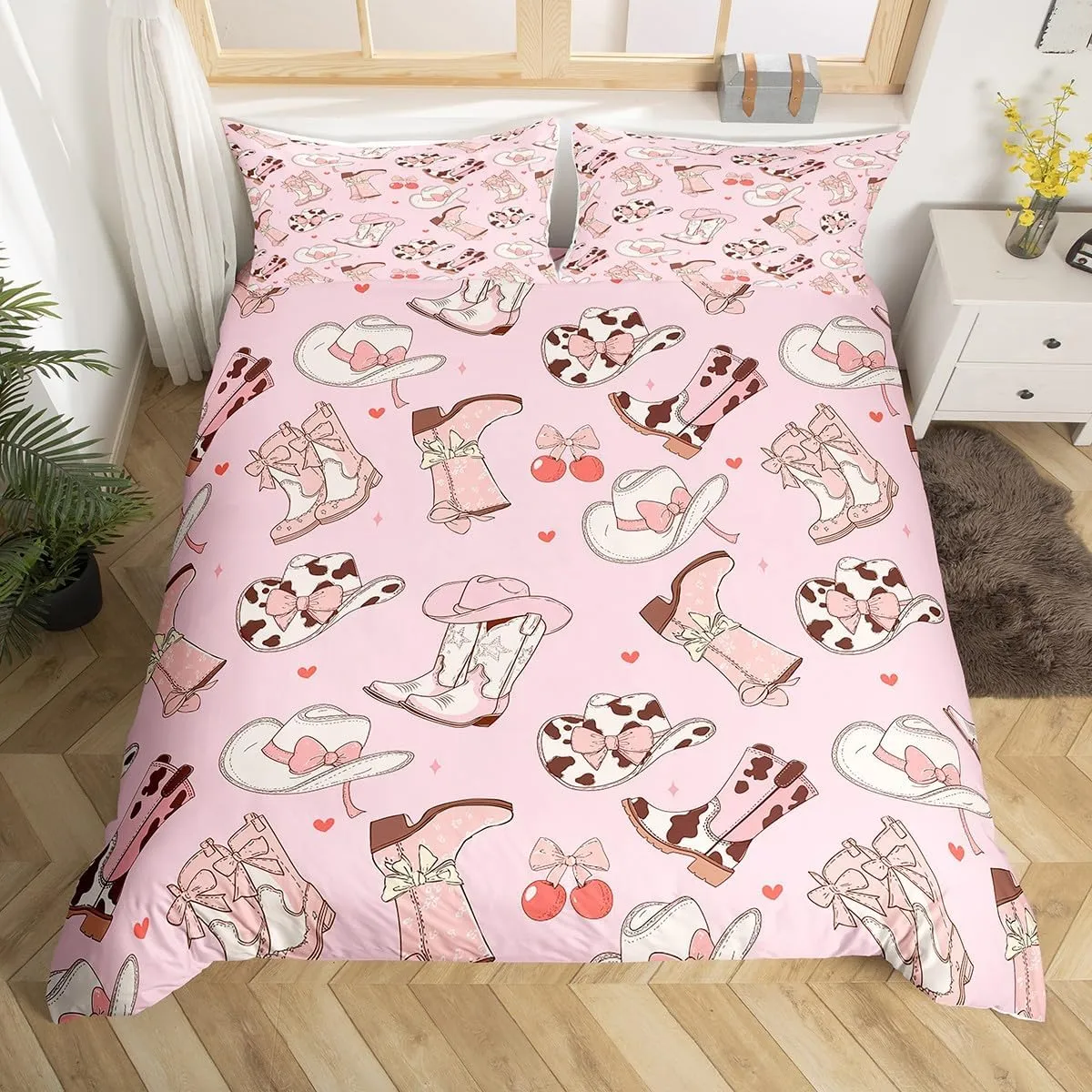Erosebridal Cowgirl Boots Bedding Set Kawaii Pink Bow Tie Duvet Cover Kids Full Size Rustic Brown Cowhide Comforter Cover for Girls Teens Cute Groovy Flowers Bed Cover Bedroom Decor
