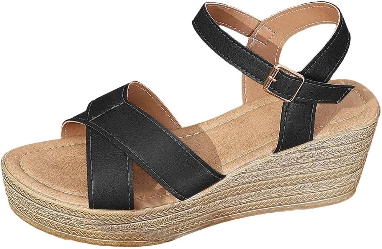 Espadrilles Wedges for Women Cross Strap Adjustable Buckle Beach Sandals Open Toe Slip On Slip On Sandals Women Comfort Dress Shoes