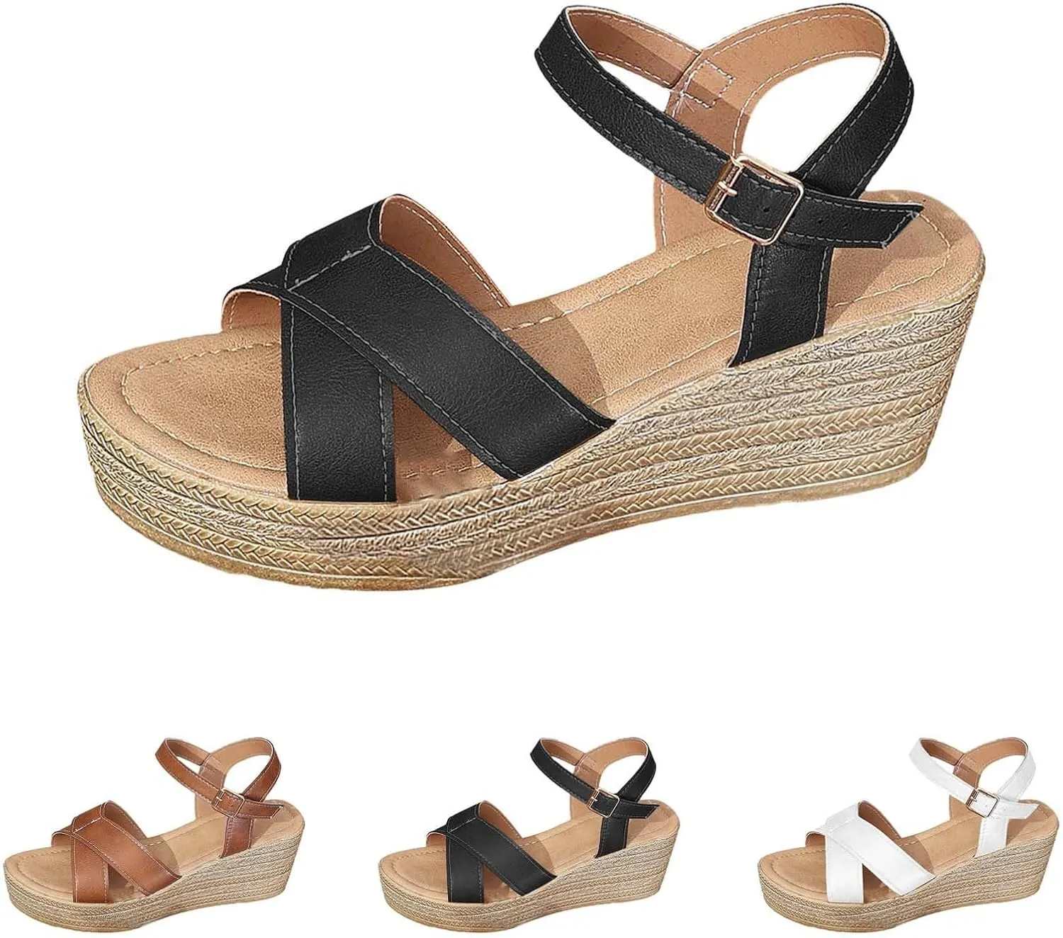 Espadrilles Wedges for Women Cross Strap Adjustable Buckle Beach Sandals Open Toe Slip On Slip On Sandals Women Comfort Dress Shoes
