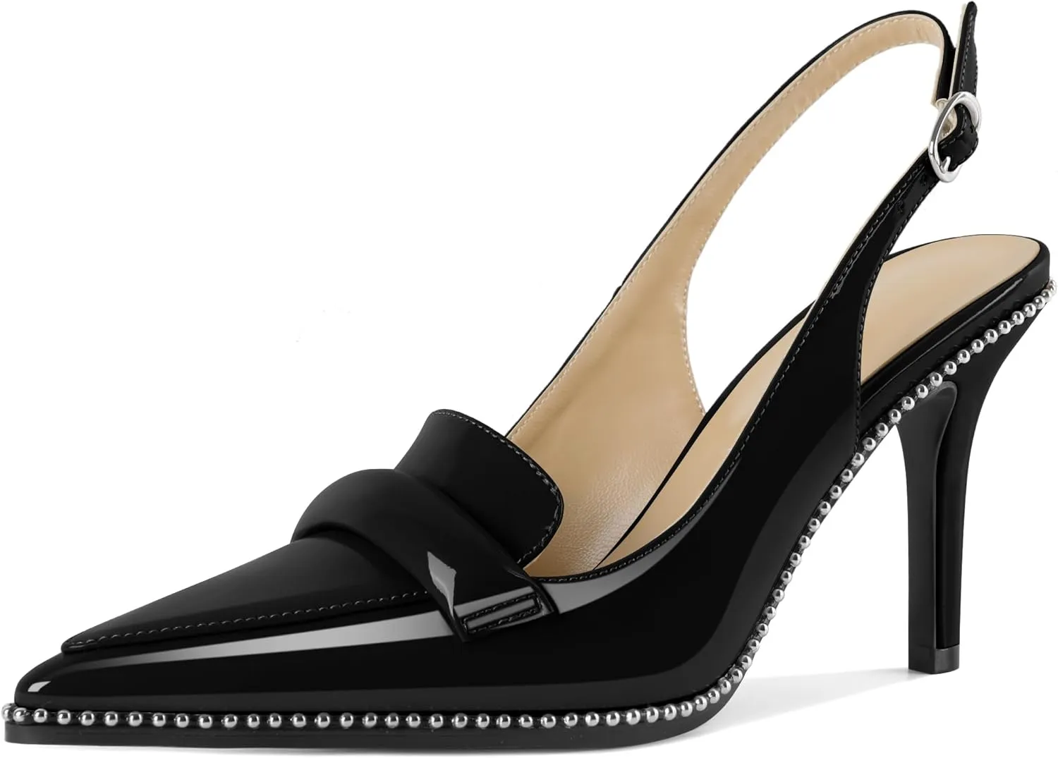 Esvowido Slingback Heels for Women Stilettos Beaded Pointed Toe Shoes Slip On Loafers Pumps High Heel Shoes for Women