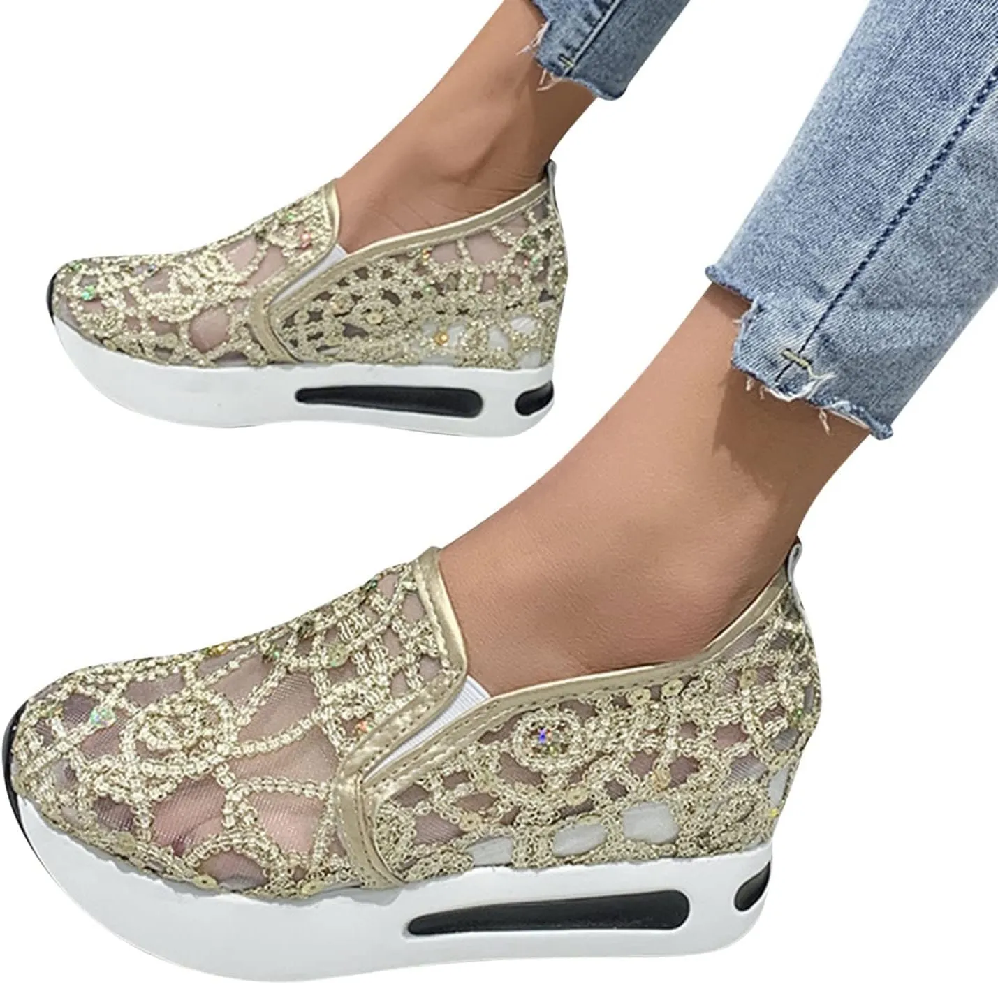 Fashion Sneakers for Women 2023 Floral Embroidery Breathable Sheer Mesh Sneakers Slip On Sneakers Sparkly Sneakers Platform Wedge Shoes Dressy Casual Sneakers Walking Sneakers (D-Gold, 7)