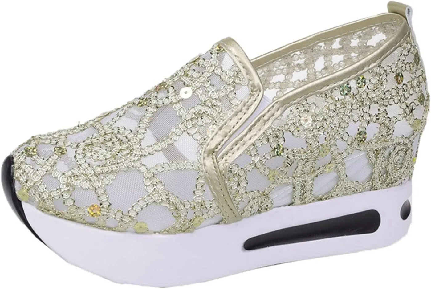 Fashion Sneakers for Women 2023 Floral Embroidery Breathable Sheer Mesh Sneakers Slip On Sneakers Sparkly Sneakers Platform Wedge Shoes Dressy Casual Sneakers Walking Sneakers (D-Gold, 7)