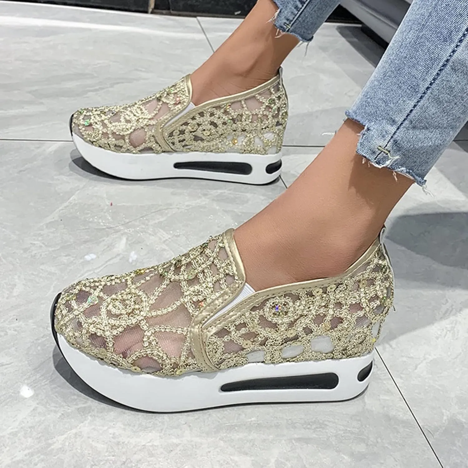 Fashion Sneakers for Women 2023 Floral Embroidery Breathable Sheer Mesh Sneakers Slip On Sneakers Sparkly Sneakers Platform Wedge Shoes Dressy Casual Sneakers Walking Sneakers (D-Gold, 7)