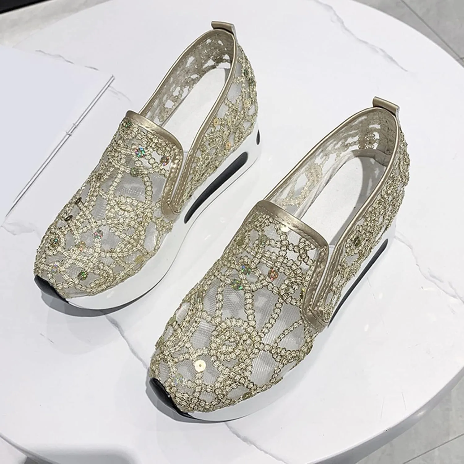 Fashion Sneakers for Women 2023 Floral Embroidery Breathable Sheer Mesh Sneakers Slip On Sneakers Sparkly Sneakers Platform Wedge Shoes Dressy Casual Sneakers Walking Sneakers (D-Gold, 7)