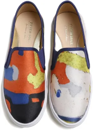 FEVERSOLE Women's Fashion Art Asymmetric Painted Casual Slip On Loafers Canvas Travel Sneakers