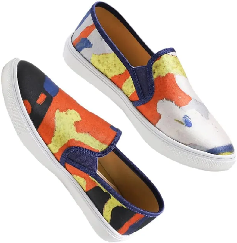 FEVERSOLE Women's Fashion Art Asymmetric Painted Casual Slip On Loafers Canvas Travel Sneakers