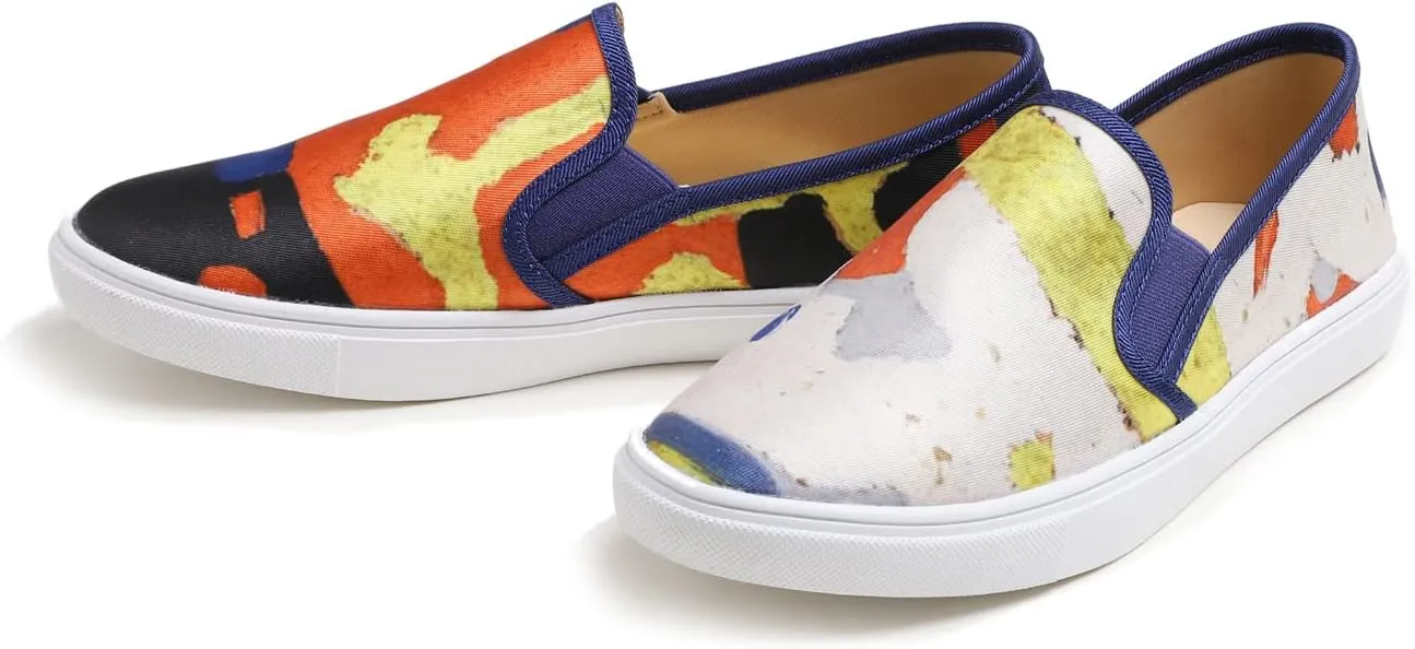 FEVERSOLE Women's Fashion Art Asymmetric Painted Casual Slip On Loafers Canvas Travel Sneakers