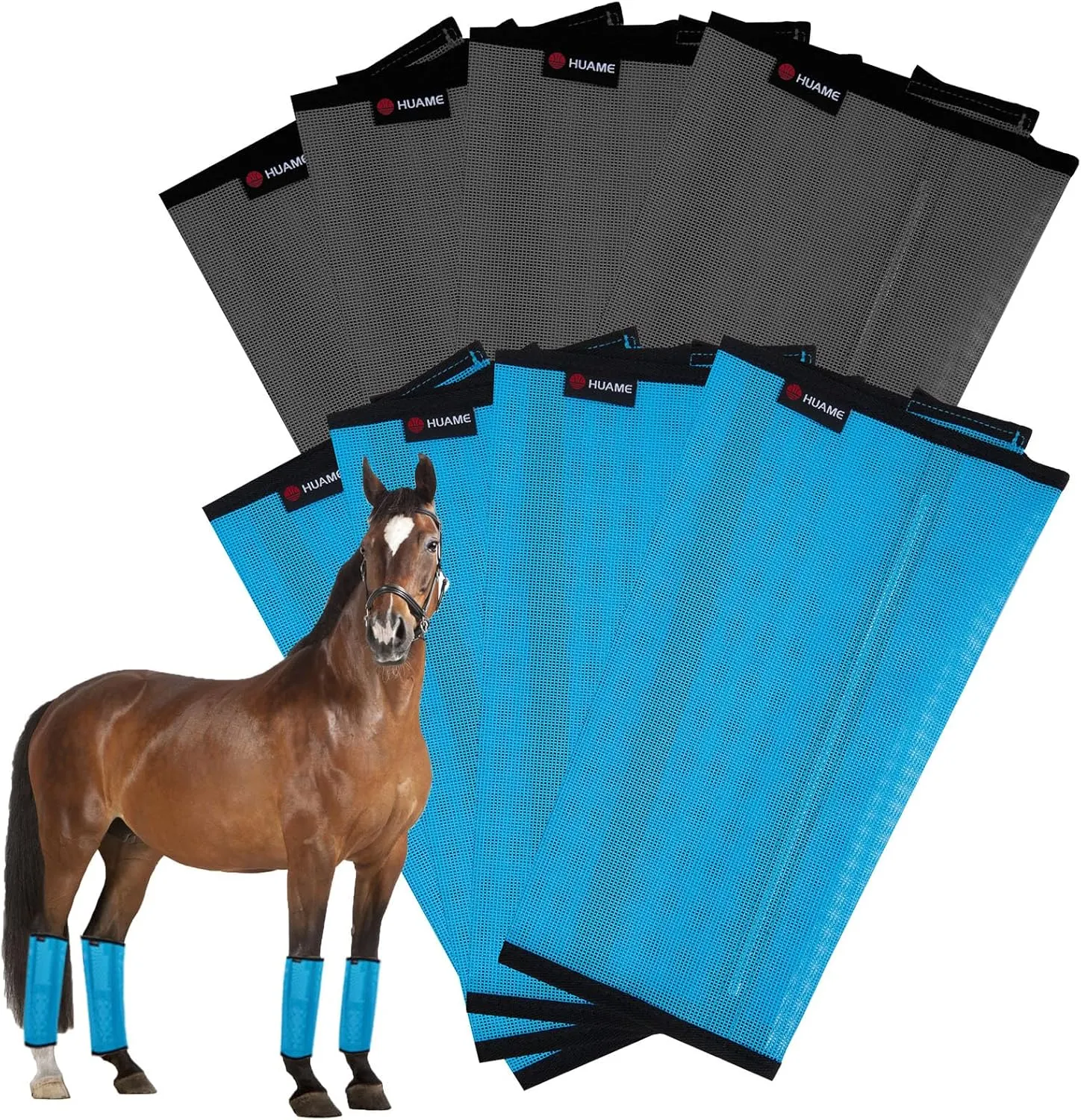 Fly Boots for Horses Set of 8 Breathable Mesh Design Protection from Insect Pests for Reduce Stomping, Hoof Damage & Leg Fatigue (Blue-Grey, Large)