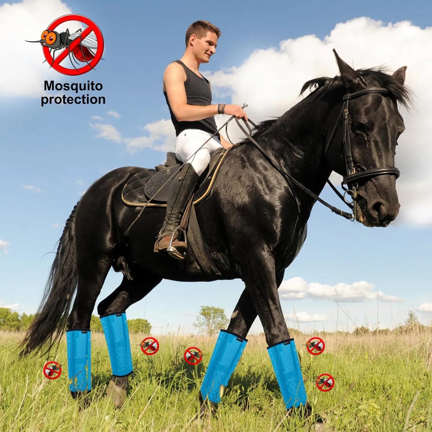 Fly Boots for Horses Set of 8 Breathable Mesh Design Protection from Insect Pests for Reduce Stomping, Hoof Damage & Leg Fatigue (Blue-Grey, Large)